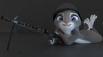  16:9 2019 3d_(artwork) anthro armor black_background claws crossed_legs digital_media_(artwork) disney eyebrows eyelashes female fingers fur grey_body grey_fur gun headgear helmet hi_res holding_object holding_weapon judy_hopps lagomorph leporid long_ears looking_at_viewer lying machine_gun mammal melo multicolored_body multicolored_ears multicolored_fur nude on_front open_mouth paws pink_nose purple_eyes rabbit ranged_weapon short_tail simple_background smile solo teeth toes weapon white_body white_fur zootopia 