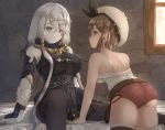  2girls armlet ass atelier_(series) atelier_ryza bangs bare_arms bare_shoulders bed belt beret black_bodysuit black_nails blue_eyes bodysuit boots breasts brown_eyes brown_hair crossed_bangs english_commentary eyebrows_visible_through_hair fur hair_between_eyes hair_ornament hairclip hat heterochromia highres hikari_niji impossible_clothes large_breasts lila_decyrus long_hair looking_at_viewer low_twintails multiple_girls pale_skin red_hair red_shorts reisalin_stout shirt short_hair shorts sidelocks sitting spaghetti_strap spread_legs stone_wall swept_bangs thigh_boots thighhighs thighs twintails wall white_hair white_shirt window 