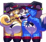  2019 5_fingers abstract_background absurd_res anthro ass_to_ass big_butt biped blind blue_body blue_fur blue_hair blue_tail blush breast_squish breasts breasts_frottage butt butt_grab butt_heart canid canine canis clothed clothing deep_skin dipstick_tail domestic_dog duo eyelashes female fingers fox fur hair halloween hand_on_butt heterochromia hi_res holidays inner_ear_fluff lazuli_(doggod.va) legwear looking_at_viewer looking_back mammal multicolored_body multicolored_eyes multicolored_fur multicolored_tail neck_tuft panties purple_eyes rear_view shiba_inu smile spitz squish sssonic2 standing thick_thighs thigh_highs thigh_squish tuft two_tone_eyes underwear white_body white_fur white_tail yellow_body yellow_eyes yellow_fur yumi_(doggod.va) 
