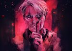  1boy black_background cliff_unger death_stranding dirty_face embers grey_eyes hand_up index_finger_raised leaking male_focus portrait red_background twitter_username two-tone_background white_hair yumi_(soak1111) 