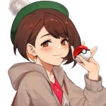  1girl bangs blush brown_eyes brown_hair cardigan dress eyebrows_visible_through_hair female_protagonist_(pokemon_swsh) gen_8_pokemon green_headwear hand_up hat highres kamu_(kamuuei) looking_at_viewer pink_dress poke_ball pokemon pokemon_(game) pokemon_swsh simple_background tam_o&#039;_shanter white_background 