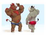  2019 4:3 anthro belly bulge clothing duo eclipsewolf hi_res humanoid_hands male mammal moobs navel nipples pubes rhinocerotoid simple_background underwear 