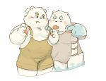  2019 anthro barely_visible_genitalia blue_body blue_fur blush clothing duo eyes_closed fur humanoid_hands male mammal moobs nipples overalls overweight overweight_male simple_background ursid white_background white_body white_fur 熊团沫沫 