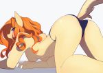  2019 all_fours anthro ass_up biped black_clothing black_panties black_underwear blush breasts butt claws clothed clothing curled_hair fangs felid female hair lion looking_back mammal nipples orange_hair pantherine panties solo topless underwear usaya_uno 
