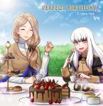  2girls blonde_hair blue_sky bow cake cherry closed_eyes cloud cookie cup cupcake day drawingddoom eating fire_emblem fire_emblem:_three_houses food fork fruit garreg_mach_monastery_uniform hair_bow highres holding holding_fork long_hair long_sleeves low_ponytail lysithea_von_ordelia macaron mercedes_von_martritz multiple_girls open_mouth outdoors parted_lips pink_eyes plate sitting sky table teacup uniform white_hair 
