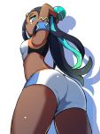  1girl arms_behind_head ass black_hair blue_eyes blue_hair blush breasts commentary_request dark_skin from_below gloves gym_leader hair_ornament highres long_hair multicolored_hair pokemon pokemon_(game) pokemon_swsh rurina_(pokemon) simple_background solo toraneko555 two-tone_hair white_background 