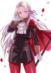  1girl cape closed_mouth edelgard_von_hresvelg fire_emblem fire_emblem:_three_houses garreg_mach_monastery_uniform gloves hair_ribbon holding long_hair long_sleeves petals purple_eyes red_cape red_legwear ribbon simple_background solo uniform white_background white_gloves white_hair yuzuki_karu 