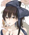  1girl blue_bow bow brown_eyes brown_hair closed_mouth eyebrows_visible_through_hair floral_background hair_between_eyes hair_bow holding_lipstick_tube kaga_(kantai_collection) kantai_collection lipstick lipstick_tube long_hair makeup nello_(luminous_darkness) side_ponytail solo 
