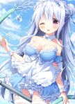  1girl alternate_costume apron azur_lane bangs bare_shoulders between_legs blue_dress blue_sky braid breasts cleavage cloud cloudy_sky commentary_request cygnet_(azur_lane) cygnet_(offer_has_been_maid)_(azur_lane) d; day double_bun dress enmaided eyebrows_visible_through_hair frilled_apron frilled_dress frills garter_straps grey_hair hair_between_eyes highres hose long_hair looking_at_viewer maid maid_apron maid_dress maid_headdress medium_breasts one_eye_closed open_mouth outdoors panties red_eyes satsuki_yukimi silver_hair sky solo strapless strapless_dress striped striped_panties thighhighs underwear very_long_hair wet white_apron white_legwear wrist_cuffs 