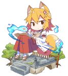  1girl animal_ears apron brown_eyes commentary floating fox_ears fox_girl fox_shadow_puppet fox_tail geta hair_ornament highres hitodama japanese_clothes looking_at_viewer miko orange_hair roku_no_hito senko_(sewayaki_kitsune_no_senko-san) sewayaki_kitsune_no_senko-san simple_background solo tail tree white_background white_legwear 