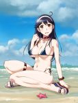  1girl ahoge beach bikini black_hair blue_hair blue_sky blush bracelet breasts brown_eyes cleavage cloud cloudy_sky collar collarbone commentary_request covered_nipples headband jewelry kantai_collection large_breasts long_hair looking_at_viewer nail_polish navel open_mouth remodel_(kantai_collection) sameha_ikuya sandals side-tie_bikini sky solo starfish swimsuit thigh_strap ushio_(destroyer) ushio_(kantai_collection) 