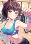  1girl akasaka_asa arm_up armpits bare_shoulders black_shorts bow breasts brown_hair cleavage clenched_hand closed_mouth collarbone commentary_request exercise_machine green_eyes gym hair_bow highres holding indoors long_hair looking_at_viewer medium_breasts midriff navel original paper ponytail shorts smile solo sports_bra stomach sweatband upper_body window wooden_floor 