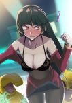  ! 1girl @_@ alakazam ashino_moto bangs black_bra black_hair blunt_bangs blush bra breasts cleavage clenched_hand drowzee full-face_blush highres jacket jujube_(pokemon) lace lace-trimmed_bra large_breasts leaning_forward long_hair long_sleeves natsume_(pokemon) open_clothes open_jacket panties panties_under_pantyhose pantyhose pokemon red_eyes side_slit skindentation skirt skirt_lift telekinesis underwear very_long_hair 