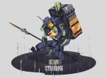  backpack bag crossover death_stranding eva_01 full_body highres holding holding_spear holding_weapon mecha neon_genesis_evangelion polearm primrose spear squatting weapon 