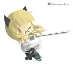  1girl animal_ears artist_name blonde_hair cat_ears chameleon_man_(three) dress glasses holding holding_weapon one_eye_closed perrine_h_clostermann rapier simple_background solo strike_witches striker_unit sword tail weapon white_background white_dress world_witches_series yellow_eyes 