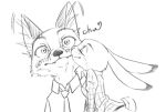  2019 ailu_h0 anthro anthro_on_anthro black_and_white black_nose blush canid canine clothed clothing dipstick_ears disney duo fox inner_ear_fluff judy_hopps kissing lagomorph leporid mammal monochrome multicolored_ears necktie nick_wilde rabbit red_fox shirt topwear tuft zootopia 