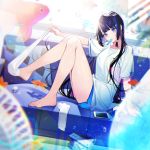  1girl album_cover aoi_ch. argyle bare_legs barefoot black_hair blue_eyes blue_shorts blurry blurry_foreground breast_pocket cellphone commentary_request couch cover depth_of_field feet fish food fuji_aoi goldfish head_tilt highres kayahara knees_up legwear_removed long_hair looking_at_viewer mole mole_under_eye mouth_hold official_art on_couch phone pillow pocket popsicle removing_legwear shirt short_shorts short_sleeves shorts sitting solo thighs tiara very_long_hair virtual_youtuber white_legwear white_shirt 
