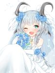  1girl bouquet dragon_girl dragon_horns dress fang flower gloves green_eyes grey_hair highres holding holding_bouquet horns key one_eye_closed open_mouth petals rune_factory rune_factory_4 selzawill simple_background solo user_tpwm5585 wedding_dress white_background white_dress white_gloves 