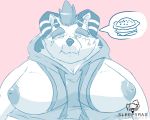  5:4 behemoth_(housamo) clothing food hi_res hoodie horn male monster moobs nipples overweight pie sleepyras tokyo_afterschool_summoners topwear video_games 