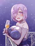  1girl black_dress breasts dress eyes_visible_through_hair fate/grand_order fate_(series) glass hair_over_one_eye large_breasts looking_at_viewer mabo-udon mash_kyrielight purple_eyes purple_hair short_hair smile solo 