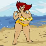  1:1 anthro beach belly big_breasts breasts canid canine canis clothing disney domestic_dog ear_piercing female goof_troop hair mammal mature_female nipples overweight overweight_female peg_pete piercing seaside solo swimwear thick_thighs whiteraff 
