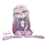  2018 ailu_h0 anthro blush clothed clothing dipstick_ears disney ears_down fur grey_body grey_fur judy_hopps lagomorph leporid light lighting looking_at_viewer mammal multicolored_ears pivoted_ears purple_eyes rabbit simple_background sitting skimpy solo white_background zootopia 