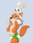  absurd_res canid canine child clothed clothing cub diaper disney duo feet fox hi_res kuuneho lagomorph leporid male mammal piggy_back rabbit robin_hood robin_hood_(disney) skippy smile teeth topless young 