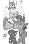  2018 ak-74 angry animal_humanoid assault_rifle belly big_breasts black_and_white breasts canid canid_humanoid canine canine_humanoid cev cev_rosa clothed clothing digital_media_(artwork) duo female goblin grope gun hair hi_res humanoid humanoid_pointy_ears mammal mammal_humanoid monochrome not_furry open_mouth overweight overweight_female ranged_weapon rifle short_stack simple_background size_difference smile weapon white_background 