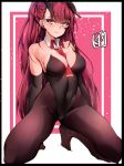  1girl absurdres animal_ears arms_behind_back bangs bare_shoulders between_breasts black_leotard blush breasts bunny_ears bunnysuit chickenvomit cleavage covered_navel detached_collar eyebrows_visible_through_hair fake_animal_ears girls_frontline hair_ribbon half_updo highres huge_filesize kneeling large_breasts leotard long_hair looking_at_viewer necktie necktie_between_breasts one_side_up pantyhose purple_hair purple_legwear red_eyes ribbon solo spread_legs strapless strapless_leotard tail very_long_hair wa2000_(girls_frontline) 