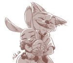  2019 ailu_h0 anthro canid canine clothed clothing disney duo eyes_closed fox fully_clothed holding_object hug inner_ear_fluff judy_hopps lagomorph leporid mammal monochrome necktie nick_wilde open_mouth open_smile police_uniform rabbit red_fox shirt simple_background smile teeth topwear tuft uniform white_background zootopia 
