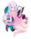  1girl azumi_akitake bangs barefoot blue_eyes blush bow box cardboard_box circle_name closed_mouth commentary copyright_name cover drawing_tablet eromanga_sensei full_body hair_bow headphones holding holding_drawing_tablet holding_pen izumi_sagiri long_hair looking_at_viewer panties pen pink_bow silver_hair smile solo stylus underwear very_long_hair 