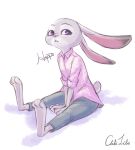  2018 ailu_h0 anthro barefoot bottomwear clothed clothing dipstick_ears disney fully_clothed fur grey_body grey_fur judy_hopps lagomorph leporid looking_at_viewer mammal multicolored_ears pants purple_eyes rabbit shadow shirt simple_background sitting solo topwear white_background zootopia 
