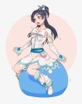  1girl ball black_hair blue_eyes boots bouncing bow cure_white detached_sleeves dress earrings exercise_ball futari_wa_precure hair_bow half_updo heart heart_earrings highres jewelry knee_boots long_hair magical_girl open_mouth precure solo white_bow white_dress white_footwear yukishiro_honoka yuuji_(and) 