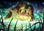  aerith_gainsborough black_hair blush breasts brown_eyes brown_hair cherryinthesun final_fantasy final_fantasy_vii green_eyes long_hair night nipples nude sky stars tifa_lockhart topless water wet yuri 