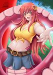  anime arrowdark belly belt big_belly big_breasts bottomwear breasts clothing female hair hand_out hi_res humanoid_pointy_ears living_tail long_hair miia monster_girl_(genre) monster_musume open_mouth pink_hair pregnant reptile scales scalie shirt skirt smile snake snake_tail tank_top topwear yellow_eyes 