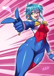  1girl ;d allenby_beardsley antennae blue_bodysuit blue_hair blush bodysuit breasts covered_navel covered_nipples finger_gun g_gundam green_eyes gundam heart highres medium_breasts mobile_trace_suit multicolored multicolored_bodysuit multicolored_clothes one_eye_closed open_mouth ryuusei_(mark_ii) shiny shiny_clothes short_hair skin_tight smile solo 