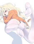  &gt;:( 1girl :t animal_ears blonde_hair cat_ears cat_tail hamaru_(s5625t) long_hair looking_at_viewer looking_back lying no_shoes off_shoulder on_stomach original panties pantyshot pantyshot_(lying) shirt soles tail thighhighs underwear white_legwear zettai_ryouiki 