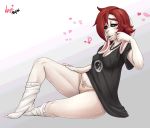  &lt;3 2019 andrea_(bzeh) anthro black_clothing black_sclera black_shirt black_topwear blush bow_panties breasts clothing color_edit colored digital_media_(artwork) edit female hair hand_on_thigh hi_res jewelry lagomorph legwear leporid looking_at_viewer mammal medium_breasts nagainosfw necklace nipple_outline open_mouth panties pubes rabbit reclining red_eyes red_hair shirt simple_background socks solo sr topwear underwear white_clothing white_legwear white_socks 