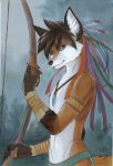  anthro black_nose bow_(weapon) brown_eyes brown_hair canid canine claws clothed clothing countershading fingerpads fox fur gloves_(marking) hair headdress jewelry loincloth looking_at_viewer male mammal markings necklace nekoart orange_body orange_fur ranged_weapon solo topless traditional_media_(artwork) tribal weapon whiskers white_body white_fur 