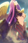  1girl bangs blue_sky breasts cis05 dust fate/grand_order fate_(series) forehead gorgon_(fate) large_breasts long_hair looking_up navel parted_bangs parted_lips purple_eyes purple_hair scales sky solo very_long_hair wings 