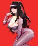  1girl art_cerealex bangs black_eyes black_hair bodystocking bodysuit breasts bridal_gauntlets cleavage commentary eyebrows_visible_through_hair fingernails fire_emblem fire_emblem_awakening fire_emblem_heroes hand_up highres lips long_hair looking_at_viewer medium_breasts parted_lips red_background shiny shiny_clothes shiny_hair simple_background skin_tight smile solo tharja thighs turtleneck two_side_up 