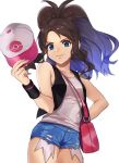  1girl ahoge asymmetrical_bangs bag bangs baseball_cap blue_eyes breasts brown_hair cowboy_shot denim denim_shorts frayed_clothes hand_on_hip handbag hat hat_removed headwear_removed highres jeans kamu_(kamuuei) long_hair looking_at_viewer pants poke_ball pokemon pokemon_(game) pokemon_bw ponytail short_shorts shorts simple_background sleeveless small_breasts smirk solo sweatband tank_top thighs torn_clothes torn_jeans torn_pants torn_shorts touko_(pokemon) vest white_background wristband 