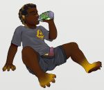  2018 5_fingers alien beverage bottle bottomwear claws clothed clothing digital_media_(artwork) disney drinking erection experiment_(lilo_and_stitch) eyes_closed fan_character fingers grey_background grey_clothing grey_shirt grey_topwear holding_bottle holding_object human_to_anthro lilo_and_stitch male mel_(lodoss-12) ovnee ovni ovni_milk penis petrock poking_out shirt shorts simple_background solo species_transformation t-shirt toe_claws topwear transformation triforce 