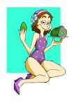  absurd_res brown_hair clothing dr._seuss egg female food footwear green_eggs_and_ham green_eggs_and_ham_(animated_series) hair half-closed_eyes ham hi_res high_heels humanoid looking_at_viewer meat michellee one-piece_swimsuit pork shoes swimwear unknown_species 