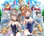 2girls ;d animal_ears bandages bandaid bear_ears bear_tail black_collar black_legwear black_leotard black_neckwear blue_sky boko_(girls_und_panzer) bow bowtie breasts brown_choker brown_eyes brown_gloves brown_hair castle choker cleavage cloud cloudy_sky collar commentary covered_navel cross day detached_collar eyebrows_visible_through_hair fake_animal_ears girls_und_panzer gloves hands_together highres interlocked_fingers kitayama_miuki leotard light_brown_eyes light_brown_hair long_hair medium_breasts multiple_girls nishizumi_miho one_eye_closed one_side_up open_mouth outdoors paw_gloves paws pose shimada_arisu short_hair sky smile strapless strapless_leotard stuffed_animal stuffed_toy tail teddy_bear thighhighs wing_collar 