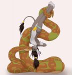  2018 accessory anthro anthro_claw black_nose brown_eyes brown_hair clothing coiling duo ear_piercing feral fur green_eyes grey_body grey_fur hair hair_accessory hair_ring hi_res jade_marshall kalisster_ssin leglet male male/male multicolored_body multicolored_fur piercing ponytail python reptile restrained scales scalie simple_background sindaraye smile snake sniffing striped_body striped_fur stripes tail_accessory tail_jewelry tail_ring tail_tuft teeth tuft underwear upside_down white_background white_body white_fur 