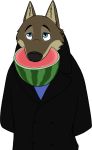  anthro blue_eyes brown_body brown_fur canid canine canis cheek_tuft clothed clothing coat eating facial_tuft food food_in_mouth front_view fruit fur hi_res inner_ear_fluff larry_(zootopia) mammal melon plant skunkbutt_(artist) solo topwear tuft watermelon wolf 