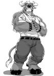  2018 5_fingers anthro belt bottomwear bovid bovine bracelet cattle chest_tuft clothed clothing cloven_hooves curtis_wuedti eye_scar fingers fully_clothed greyscale hi_res hooves horn jewelry male mammal monochrome muscular muscular_male pants scar shirt simple_background solo standing tank_top topwear tuft white_background 