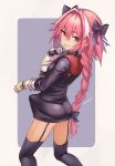  1boy ass astolfo_(fate) bangs black_bow black_dress black_legwear bow braid dress erection erection_under_clothes fate/apocrypha fate_(series) feet_out_of_frame from_behind garter_straps gauntlets hair_between_eyes hair_bow hair_intakes highres long_hair long_sleeves looking_at_viewer looking_back male_focus meme50 multicolored_hair otoko_no_ko parted_lips pink_hair purple_eyes single_braid smile standing streaked_hair sweat thighhighs twitter_username two-tone_background very_long_hair white_hair 