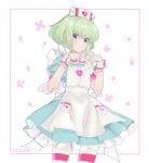  1boy blush crossdressing dress frills green_hair hat highres lio_fotia looking_at_viewer male_focus nurse nurse_cap otoko_no_ko promare purple_eyes rice_(rice8p) short_hair short_sleeves solo striped striped_legwear 